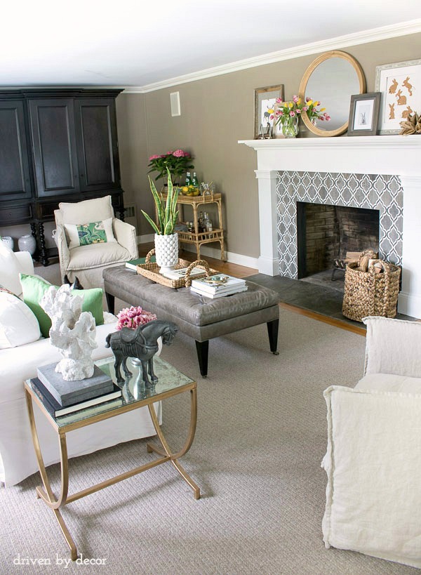 Living room in neutrals with a few pops of color for spring