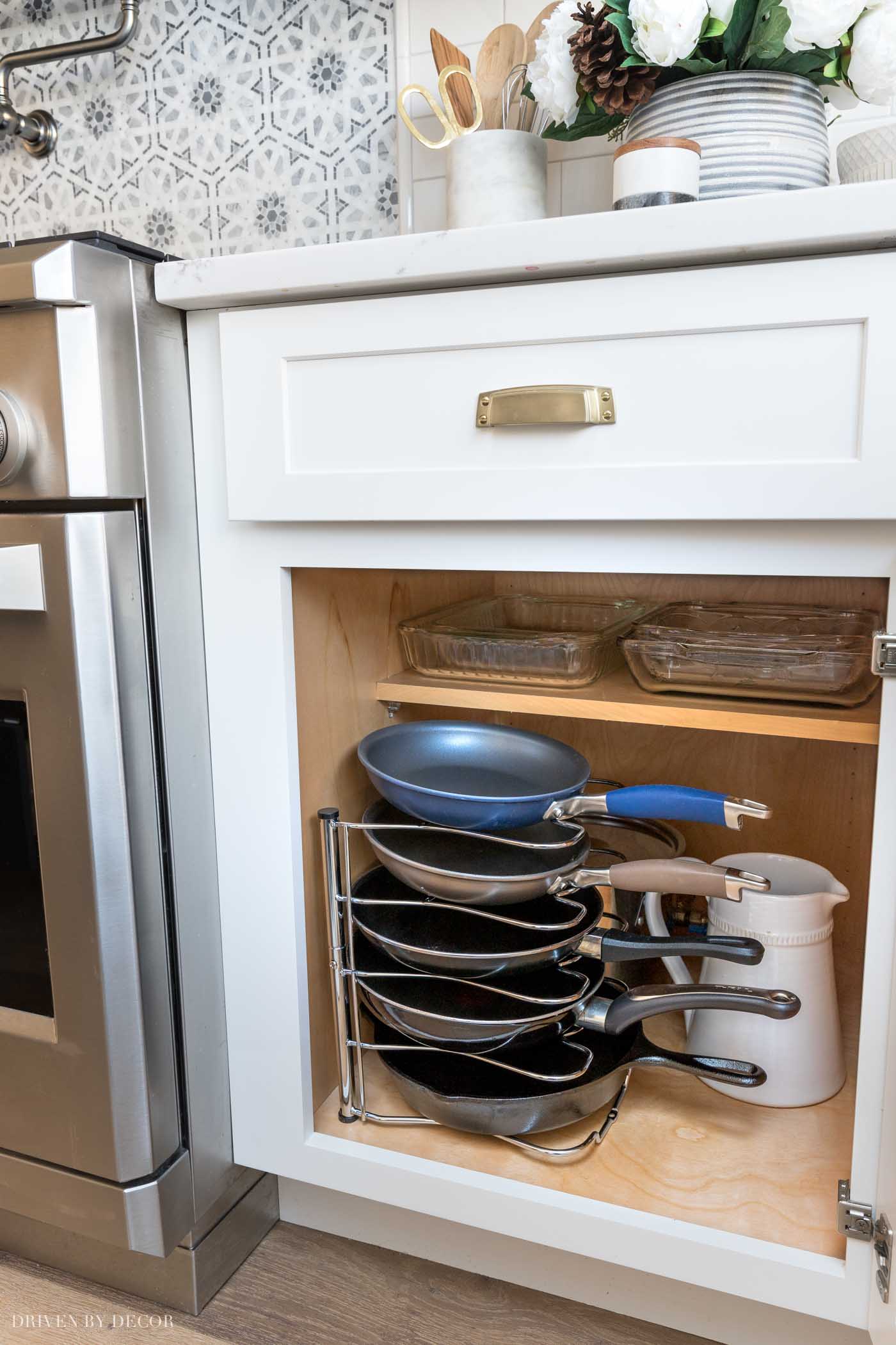 A smart way to store pans in your kitchen cabinets!