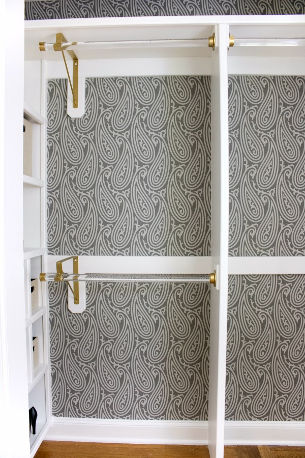 Dying over the Farrow & Ball wallpaper used in this closet remodel - beautiful!