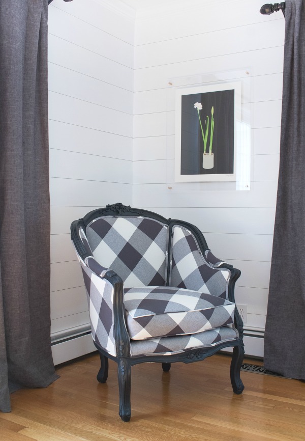 Vintage chair painted and reupholstered in oversized buffalo check fabric on the diagonal - love!