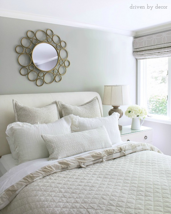 Our guest room with a bedside bouquet of hydrangeas