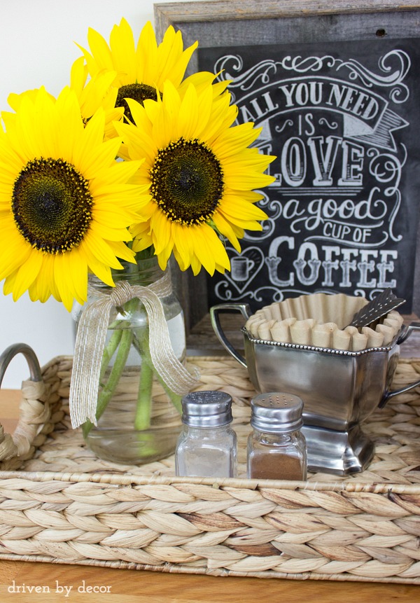 Adorable coffee station with sunflowers for fall