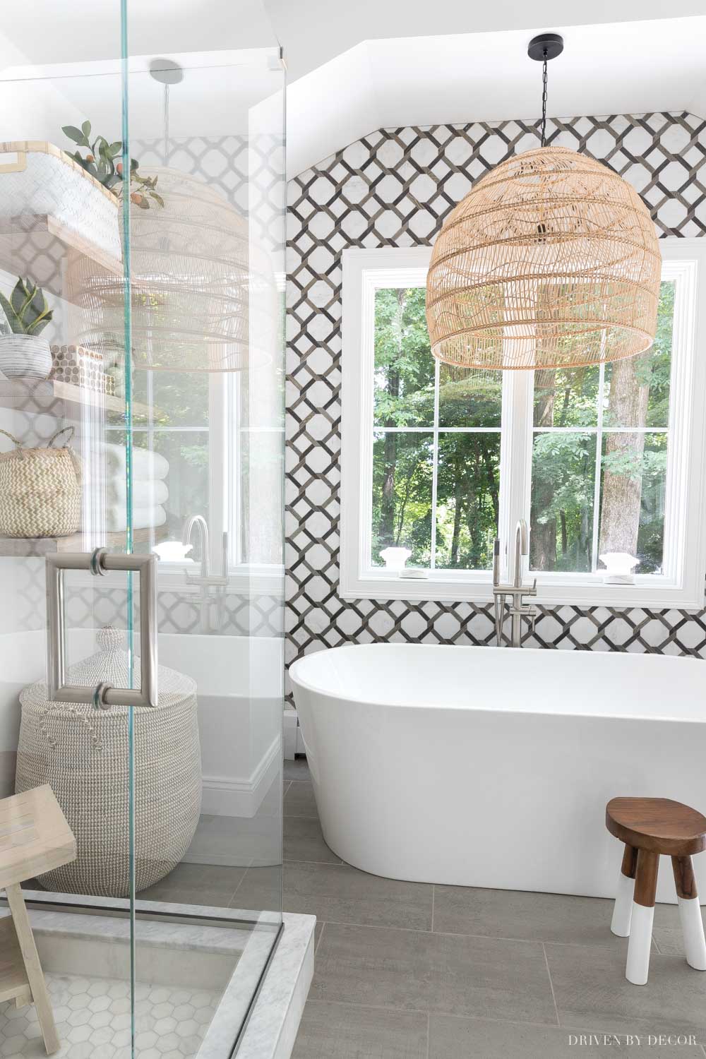 Love the mixed metals in this bathroom - brushed nickel, brass, and dark bronze all mixed together!