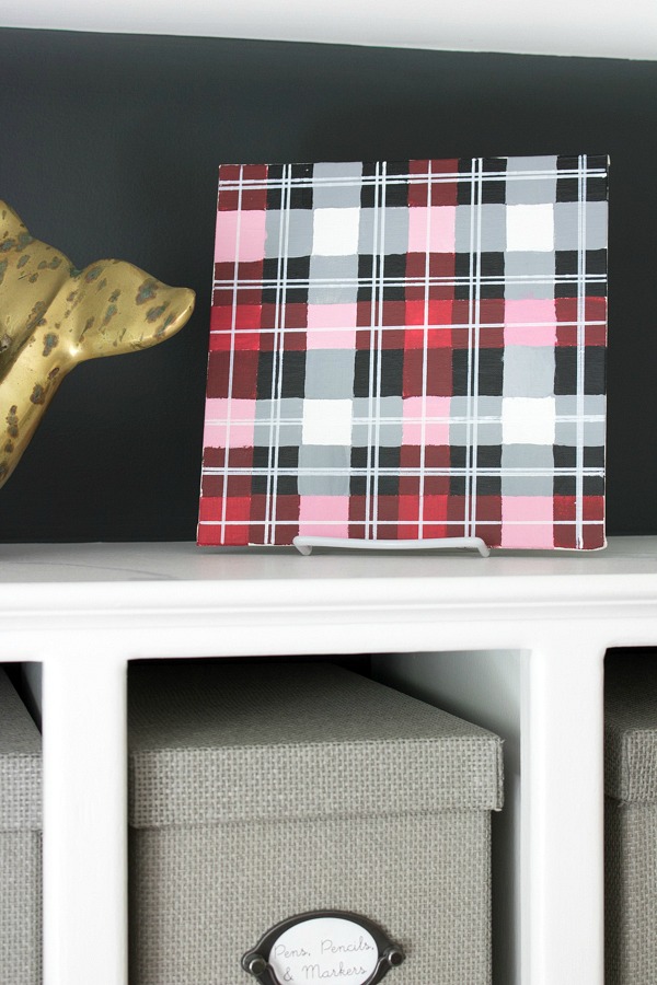 DIY plaid art made with painters tape, paint, and paint pens