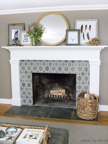 Mantel with layered art including DIY feather art. Post includes ideas for other easy DIY art too!