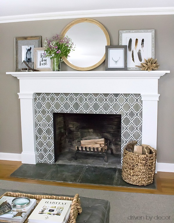 Mantel with layered art including DIY feather art. Post includes ideas for other easy DIY art too!