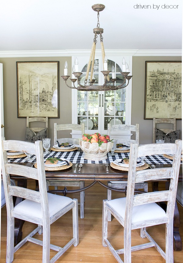 Simple fall dining table with fresh peaches as centerpiece - part of full fall home tour