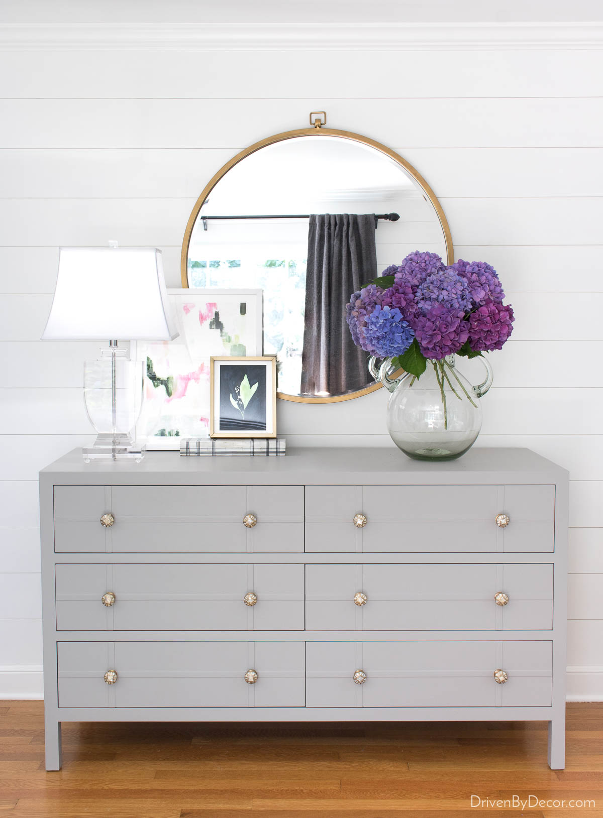 DIY shiplap walls behind our bedroom dresser