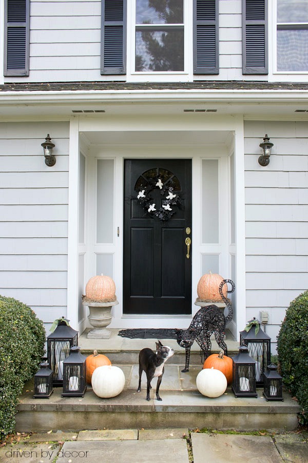 Front porch Halloween decorations - pumpkins in urns, lantern trios, and spooky cat
