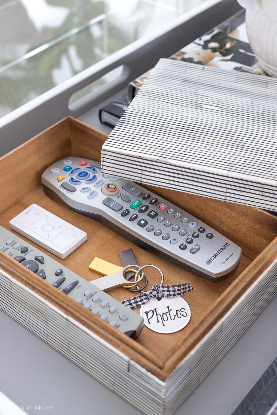 Beautiful bone box for storing remotes on the coffee table!