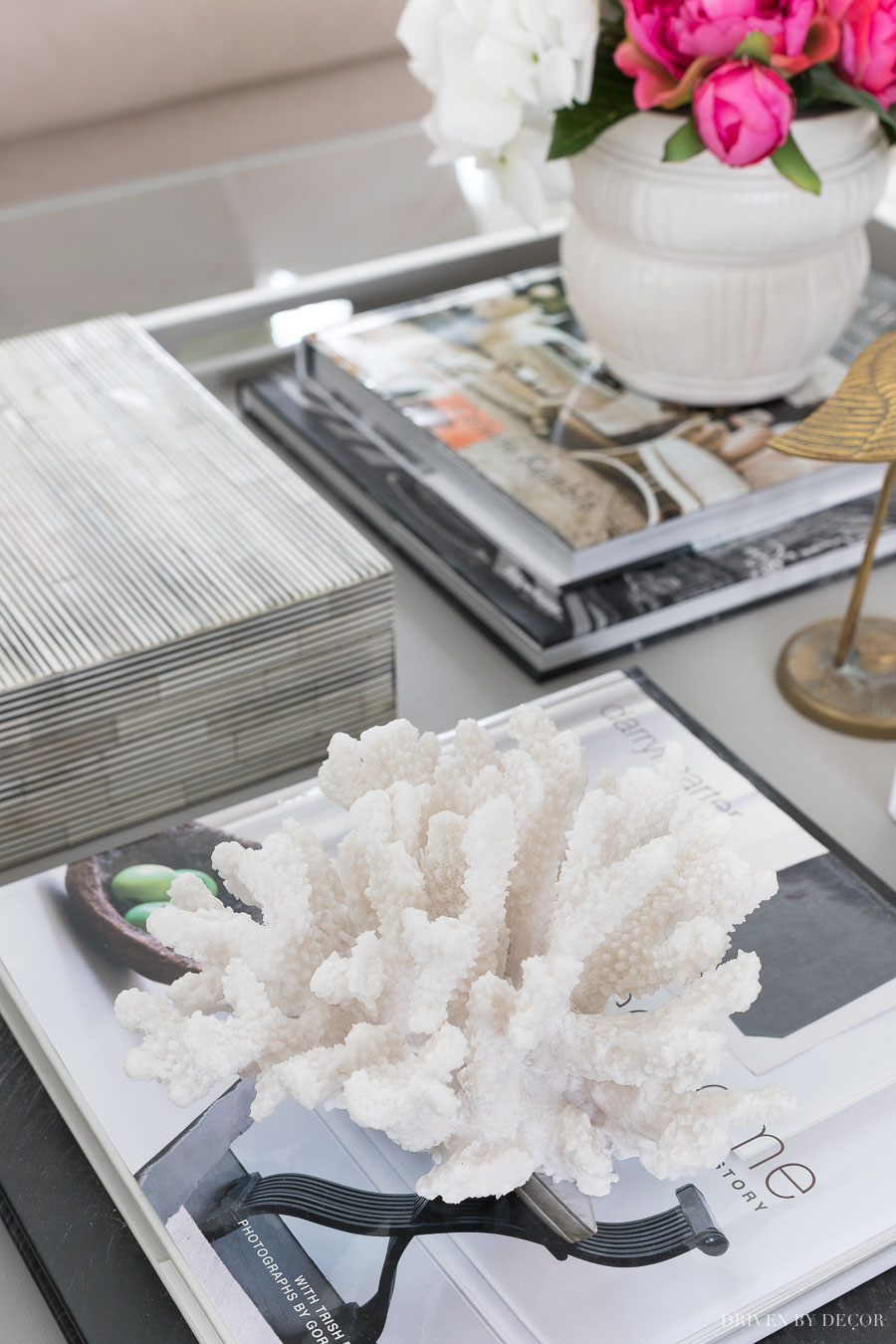 Lots of ideas for great coffee table decor in this post, including adding natural elements like coral!