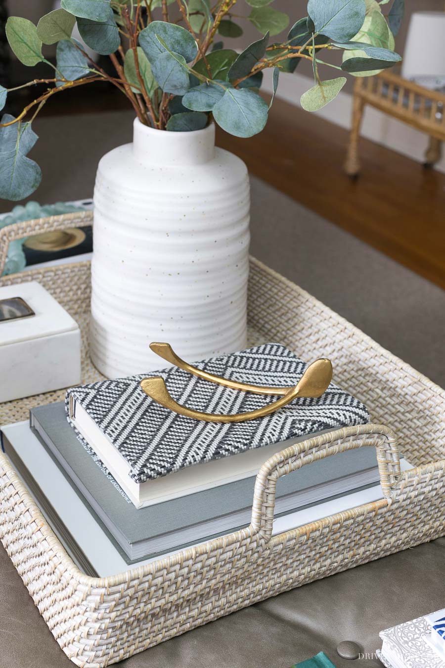 The perfect coffee table tray! Love this large whitewash rattan serving tray!