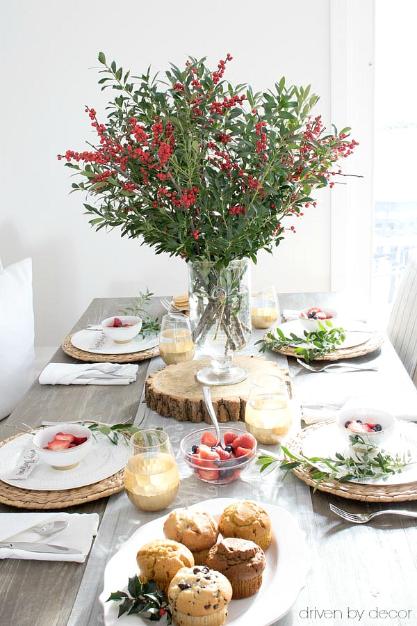 Boxwood branches mixed with ilex berries for a simple holiday centerpiece!