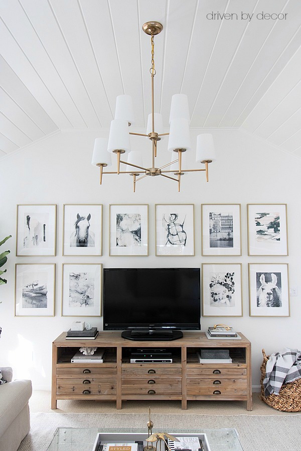 Simple idea for decorating around the TV - an art wall with same sized prints and frames!