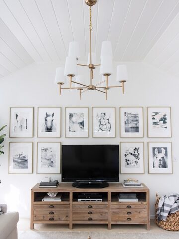 Great idea for decorating around your TV - hang similar sized art pieces in a grid around it!