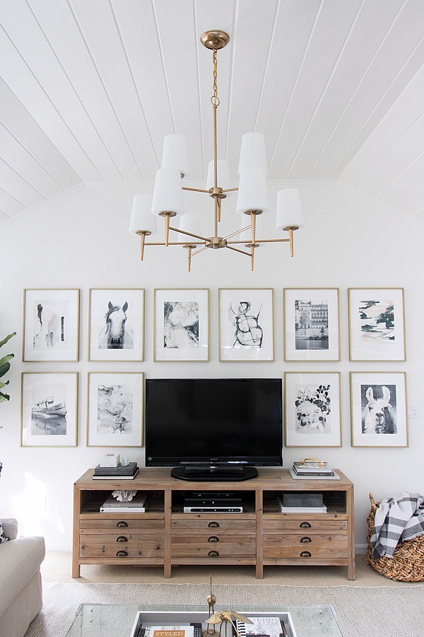 Great idea for decorating around your TV - hang similar sized art pieces in a grid around it!
