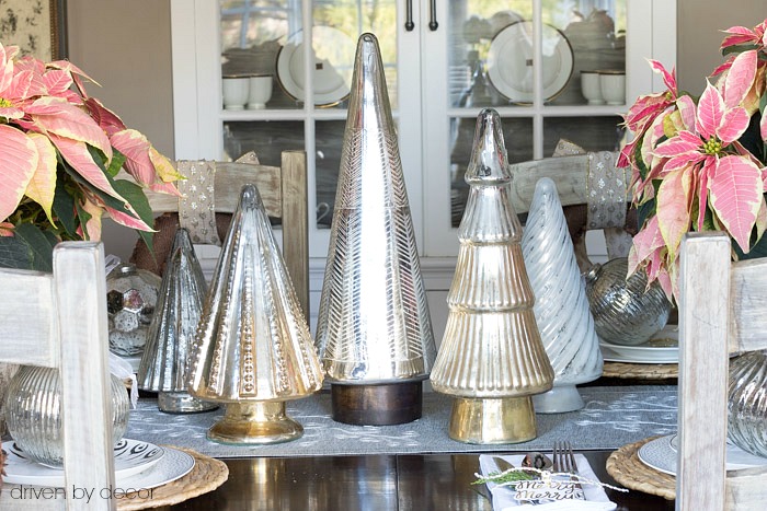 Christmas home tour - dining room centerpiece of silver trees from HomeGoods