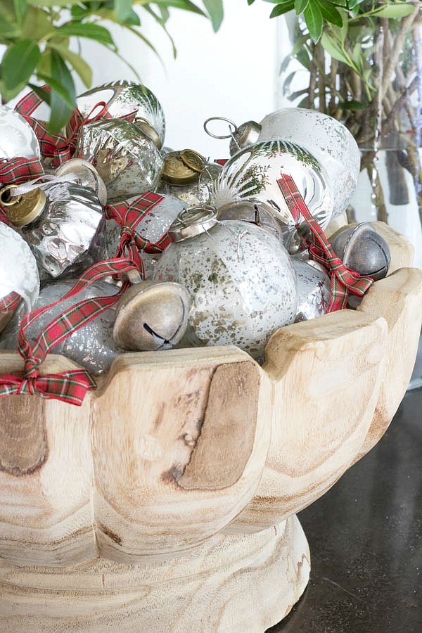 A bowl full of ornaments and jingle bells - simple Christmas decor