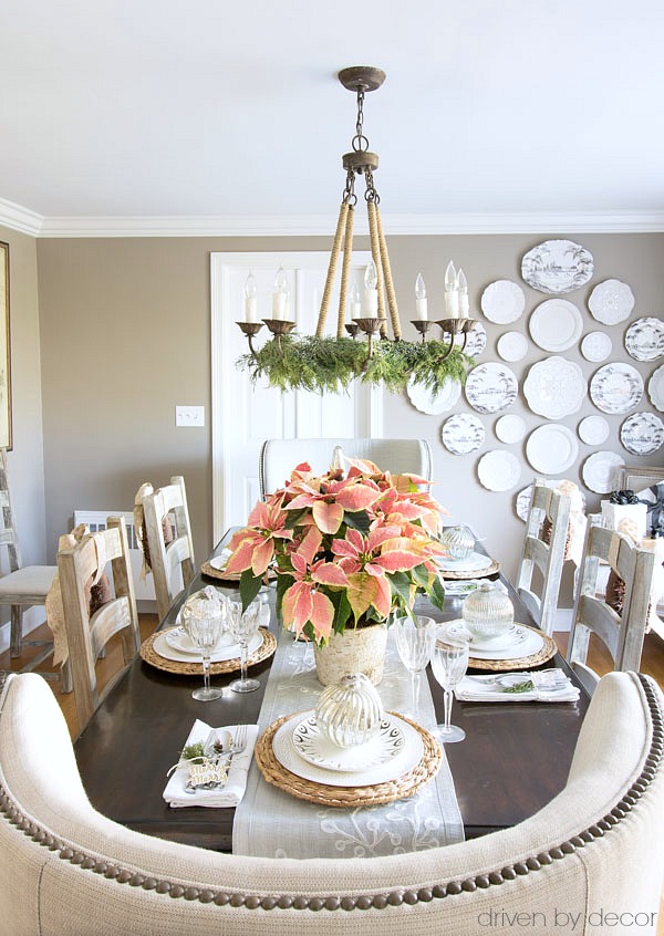 Christmas home tour - a simple table setting for Christmas with oversized ornaments at each plate