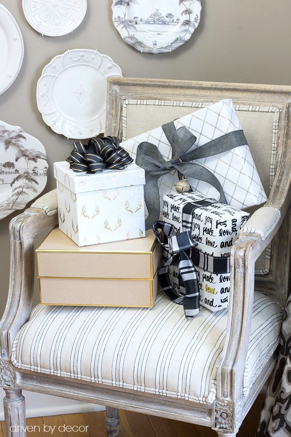 Christmas home tour - presents wrapped in black, white, and gold for Christmas