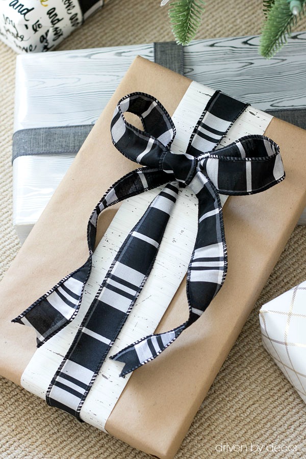 Use leftover wrapping paper scraps and ribbon to dress up a plain kraft paper present!