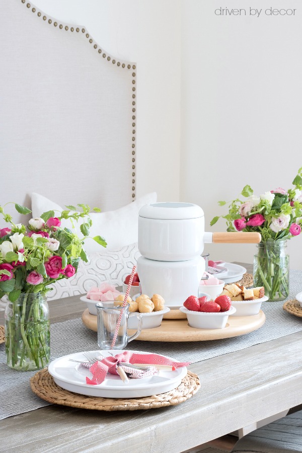 A chocolate fondue feast for Valentine's Day - such a cute idea!