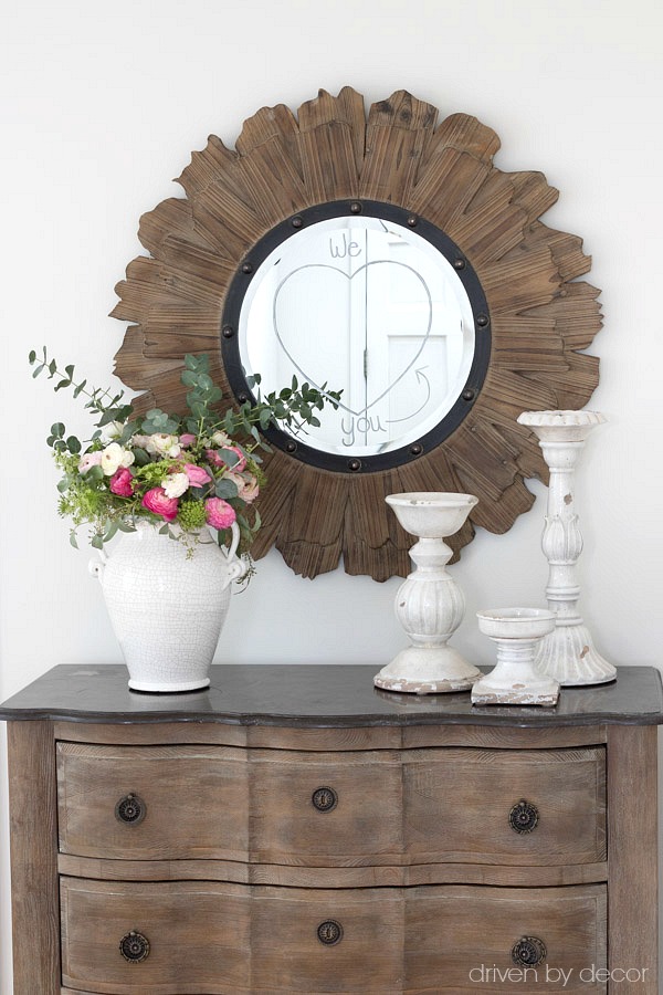 Check out what's on the mirror! Such a cute and simple Valentine's Day idea!