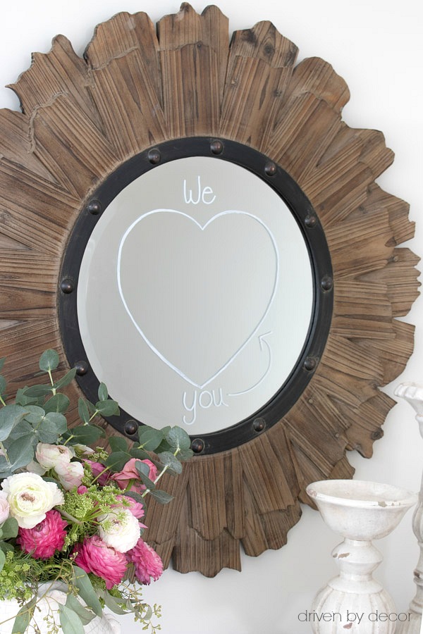 So cute! Use chalk pens to draw on mirror for Valentine's Day!