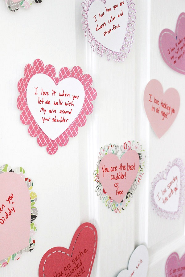 Adorable! Paper Valentine's Day hearts from mom and dad with all of the reasons your kiddo is so special!