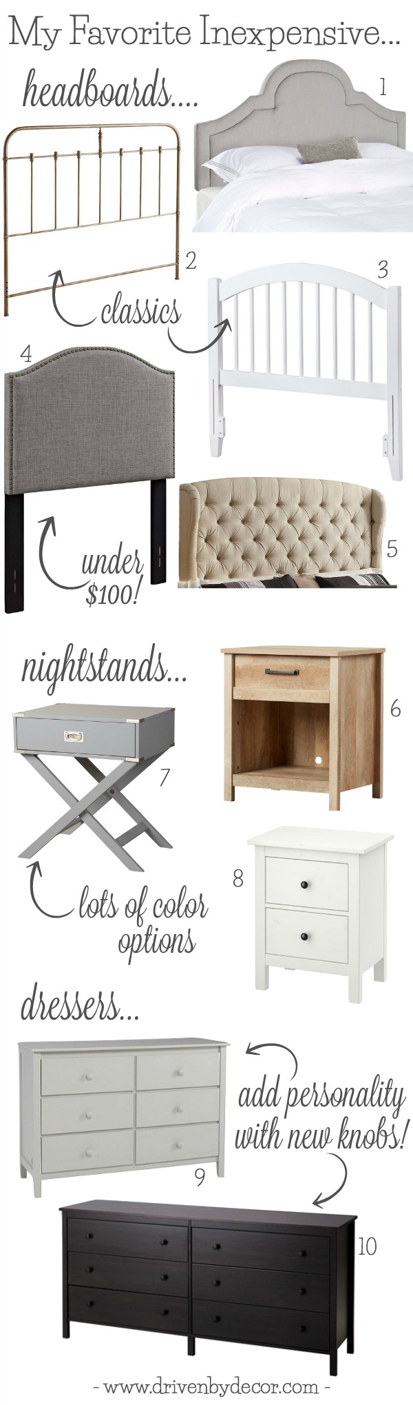 My favorite inexpensive bedroom furniture pieces - from headboards to nightstands to dressers!