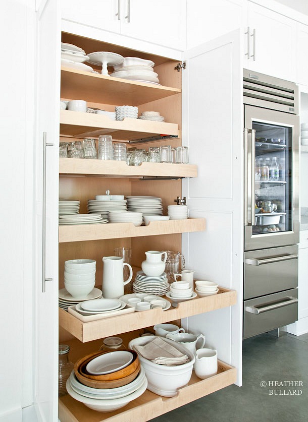 Amazing kitchen dish pantry with pull-out shelving - Heather Bullard