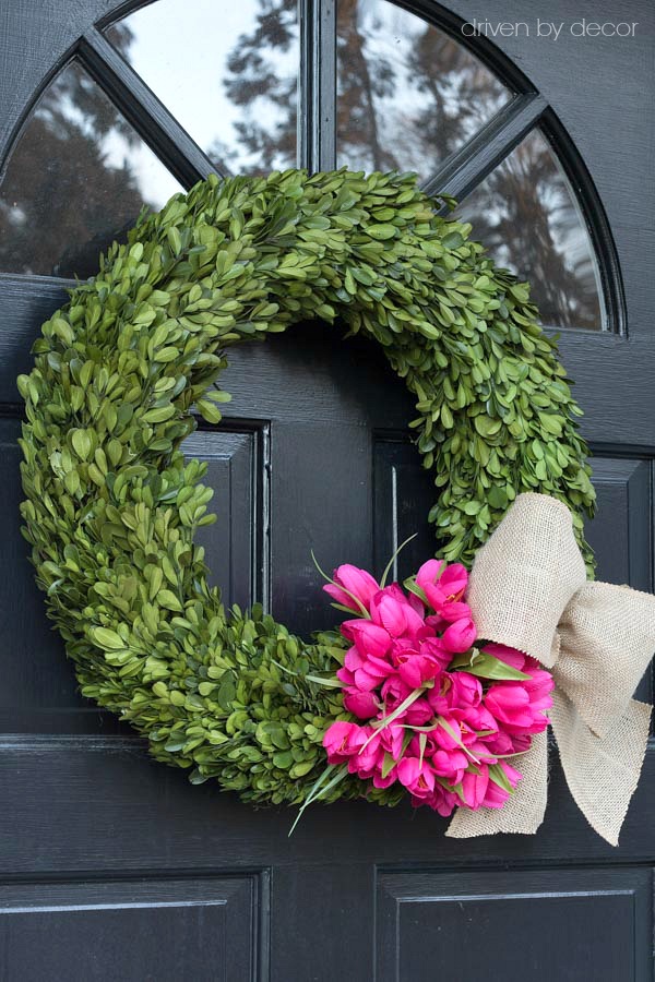 Gorgeous spring wreath with silk tulips and burlap bow - post includes link to purchase!