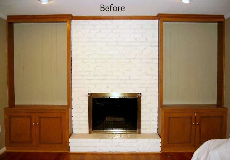 Makeover of painted brick fireplace and wood bookcases