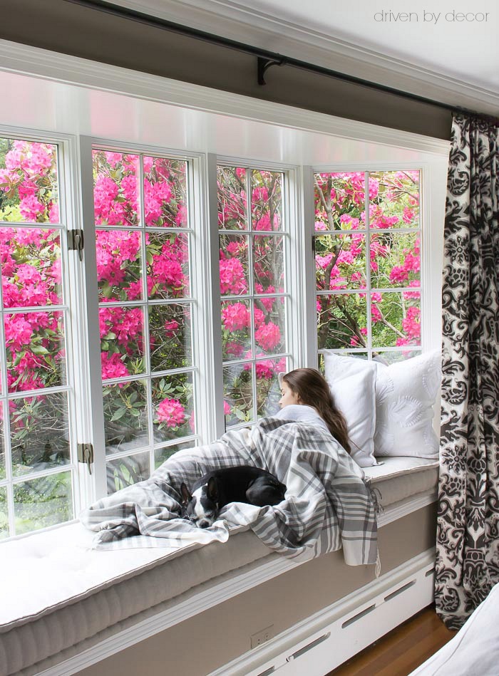 Window seat built into bay window with beautiful French mattress cushion!