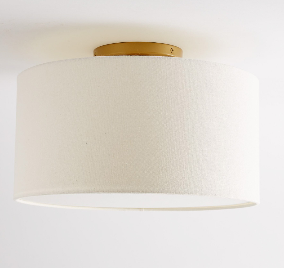 Drum shade linen flush mount ceiling light with white linen shade and brass base