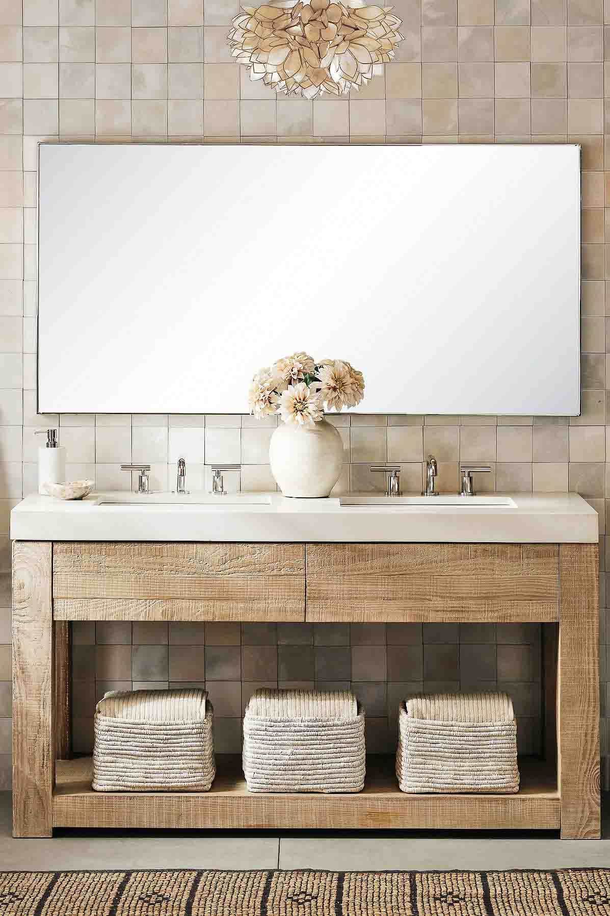 Floral capiz flush mount ceiling light above wood bathroom vanity