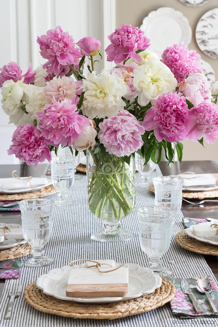 A bouquet of pink and white peonies makes a beautiful centerpiece!