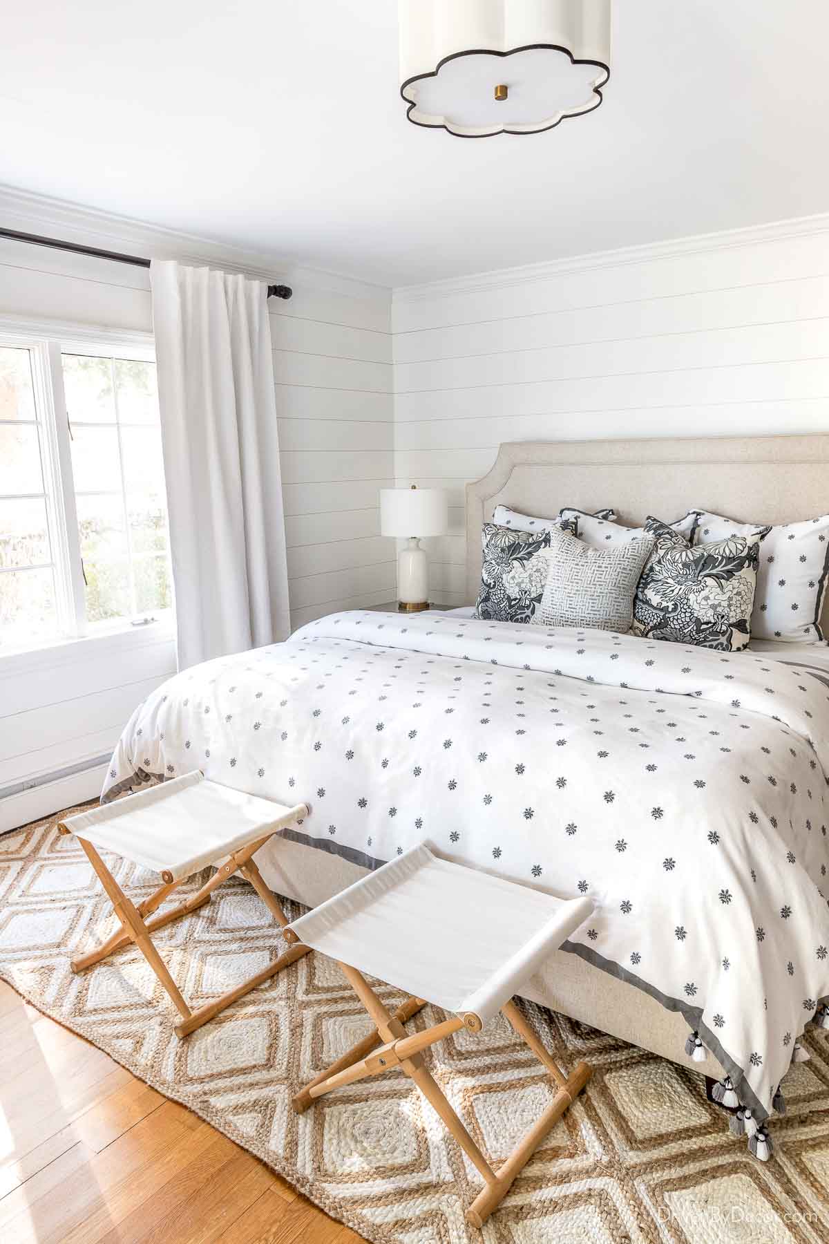 Scalloped fabric flush mount ceiling light in bedroom