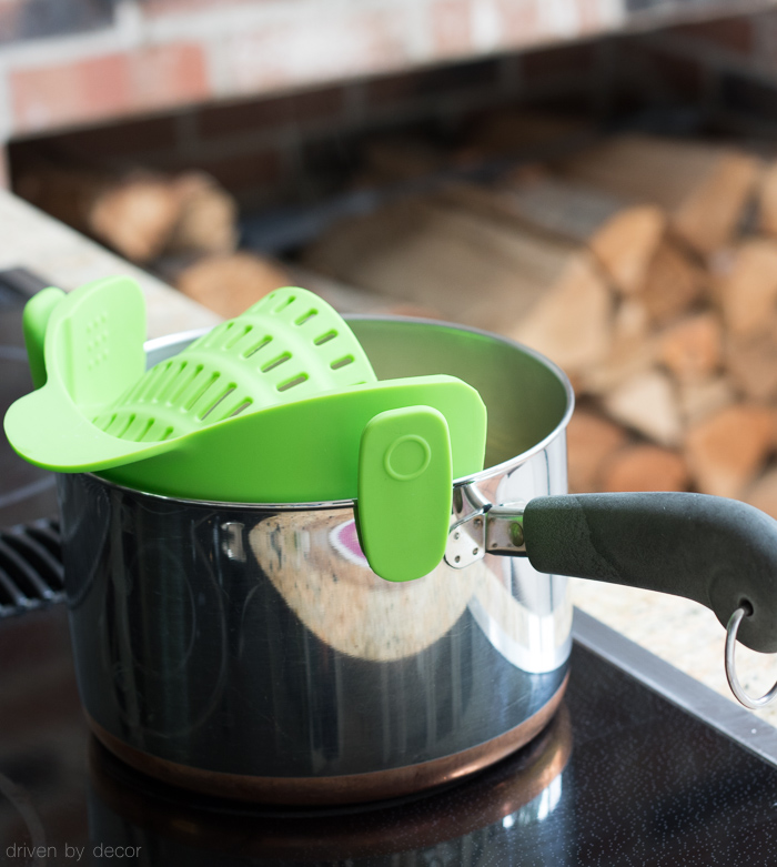 So smart! Clip a strainer on to top of pot to strain pasta and other foods!