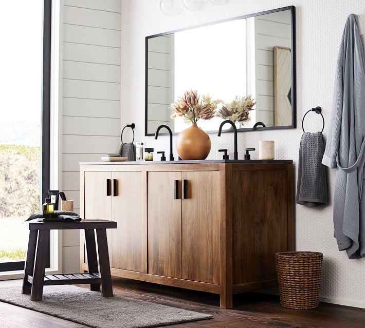 A double wide mirror over a double bathroom vanity - love this bathroom mirror idea!