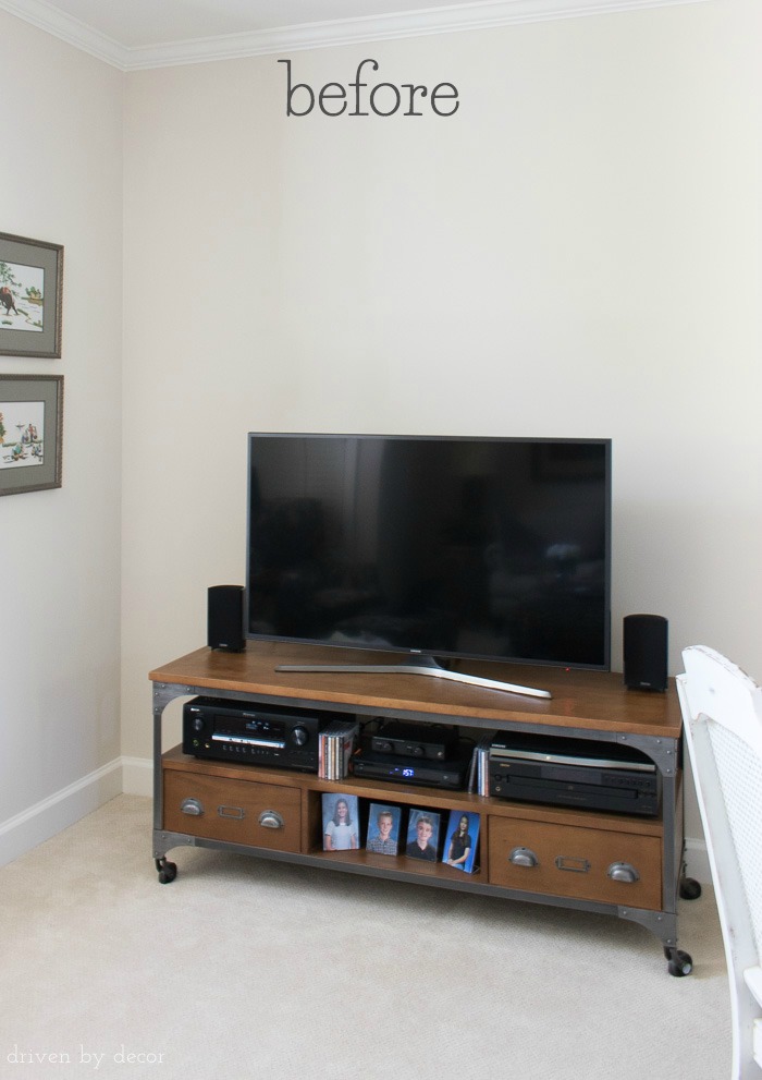 "Before" pic of the space above our TV and media console - post includes the decorated "after"!