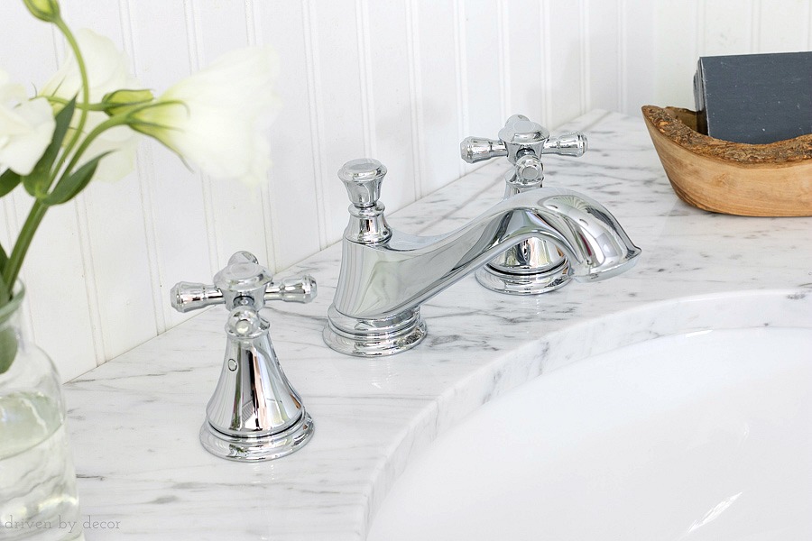 Love this classic elegant faucet - Delta's Cassidy faucet with cross handles in chrome. More pics included!