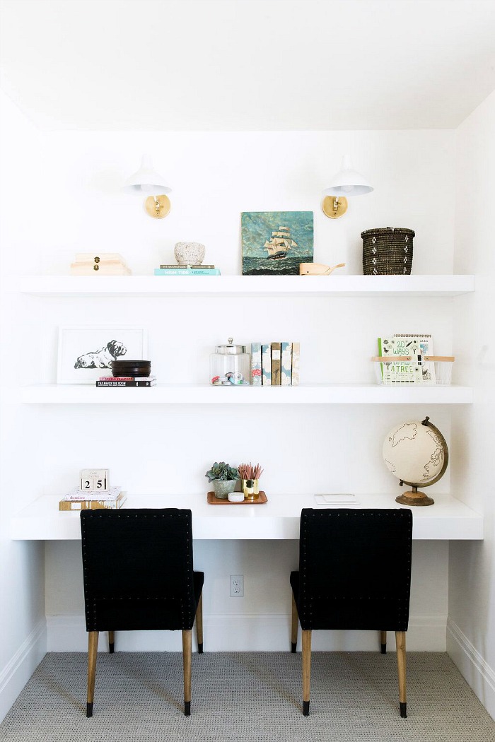 A simple, uncluttered way to add shelving and a workspace to your living room