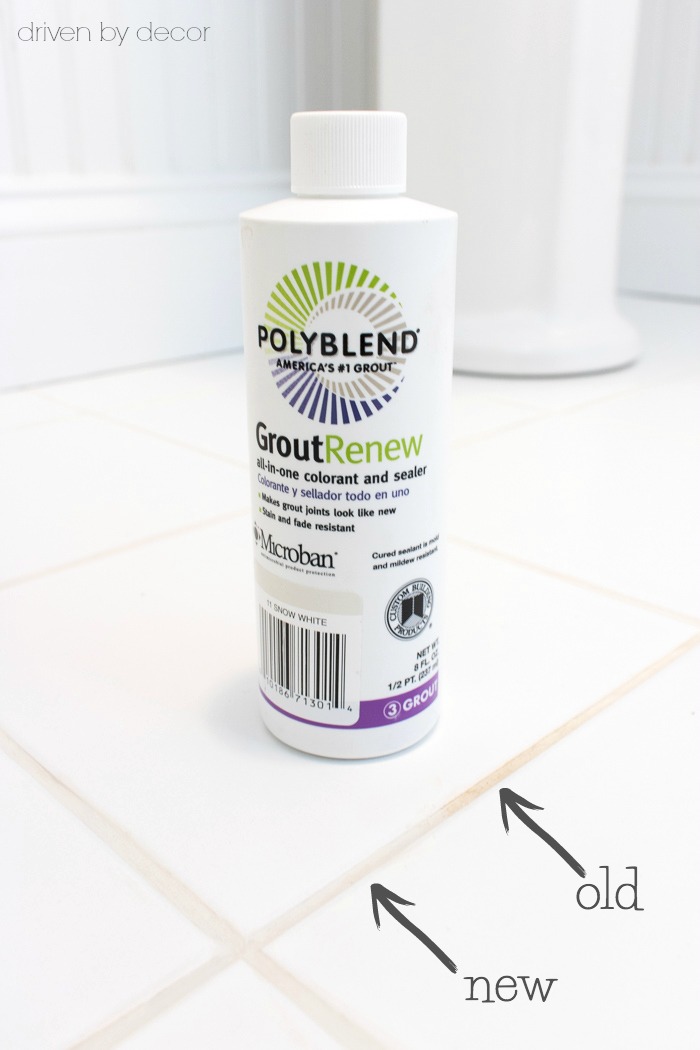 The only product I've found to solve the dilemma of how to get your grout clean and white. More info on how to use Polyblend Grout Renew in this post!