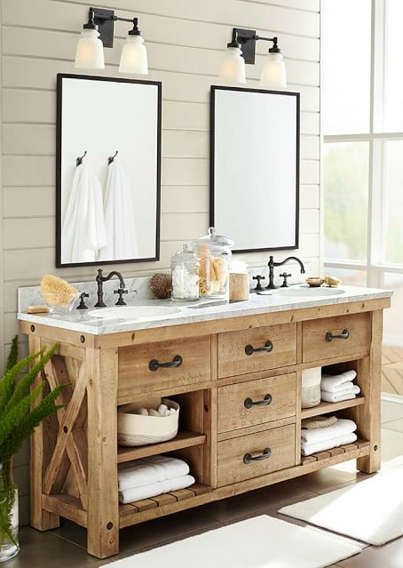 Gorgeous wood vanity and simple medicine cabinet mirrors - love!