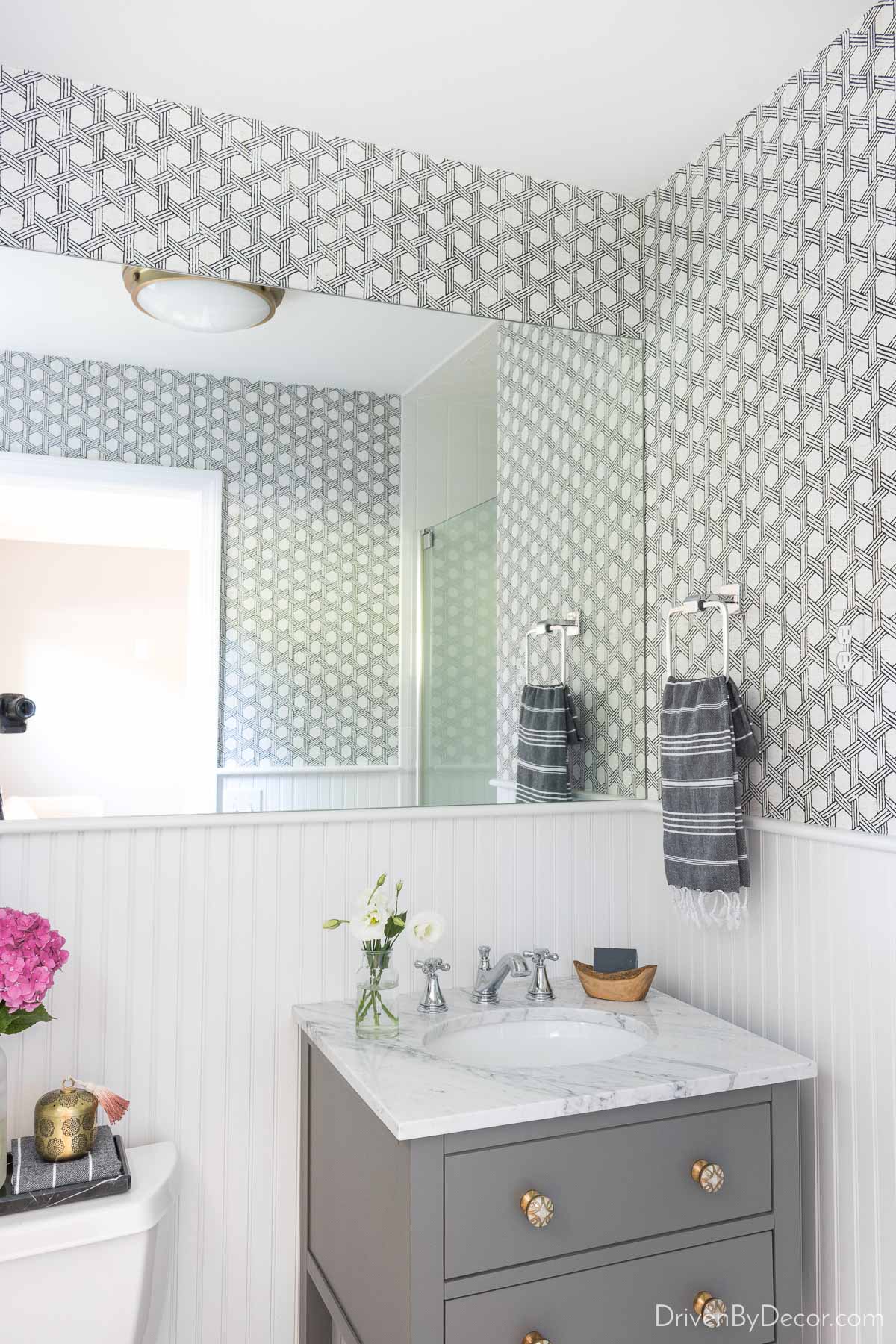 The black and white wallpaper we used to dress up our guest bathroom