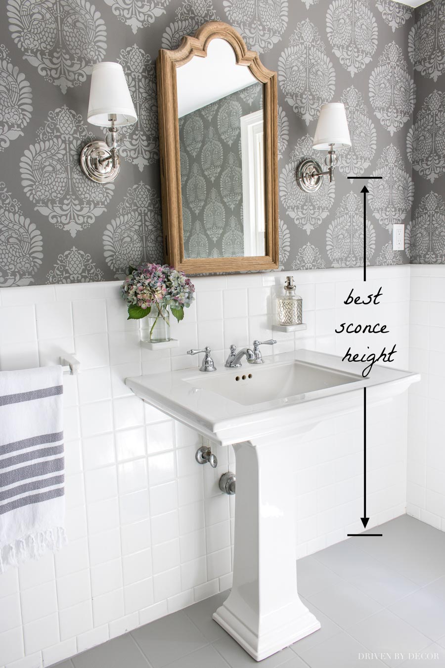 Great sconce height tip when you're mounting them in a bathroom!