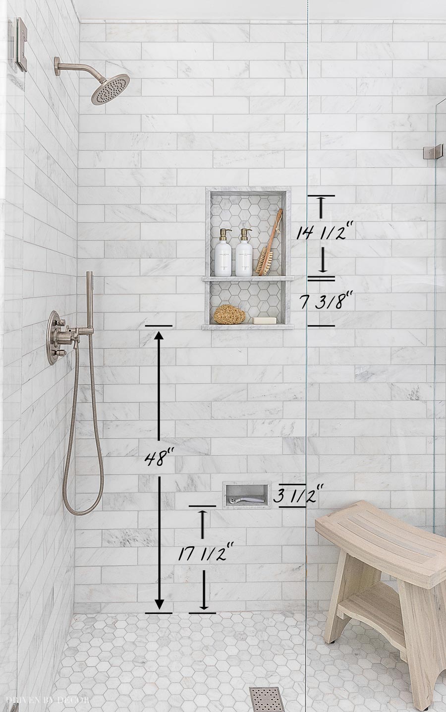 Our shower niche height measurements! Lots of other helpful bathroom measurements in this post too!