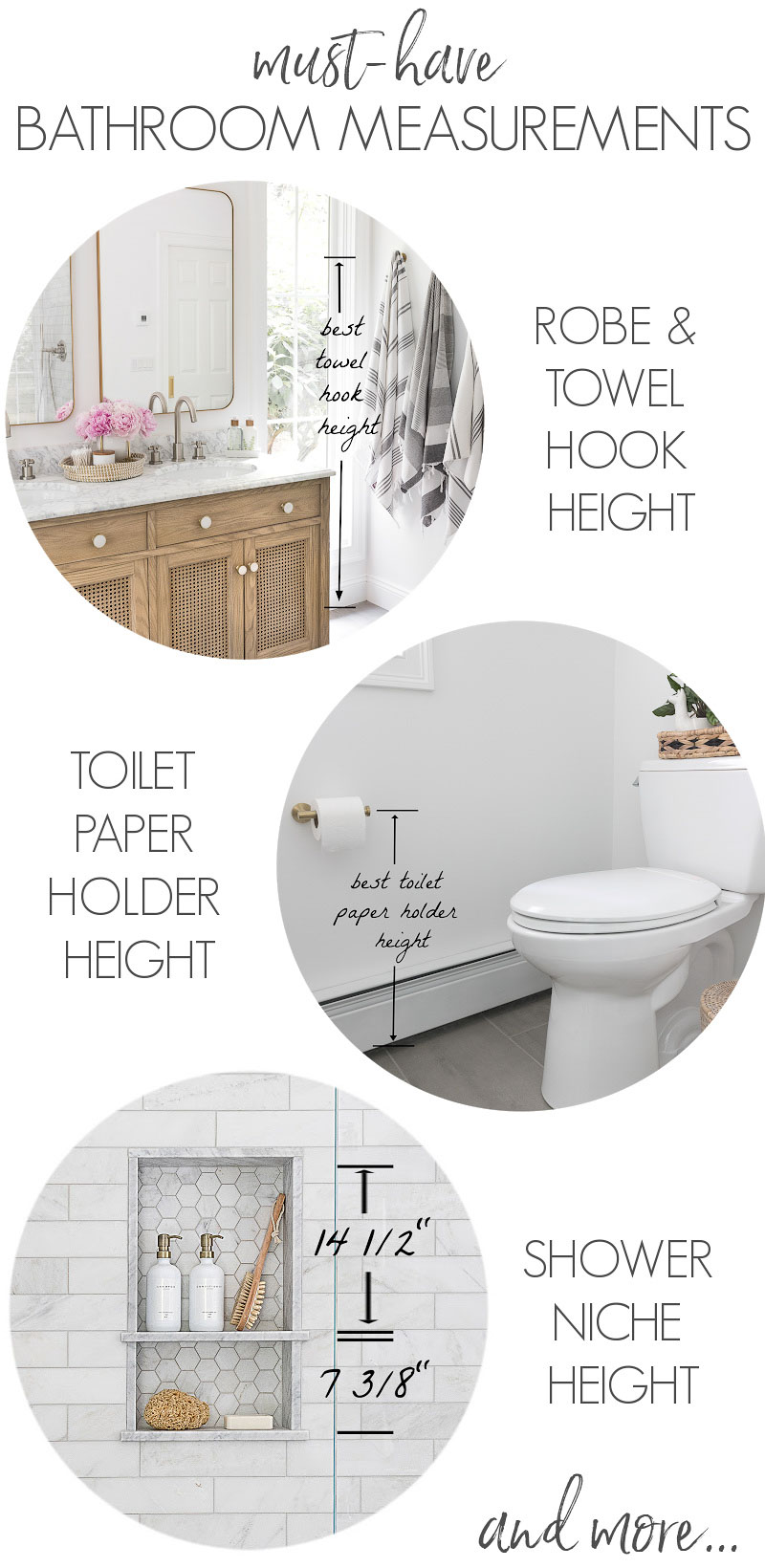 All the bathroom measurements you need to know! Toilet paper holder height, towel bar height, robe hook height & more!