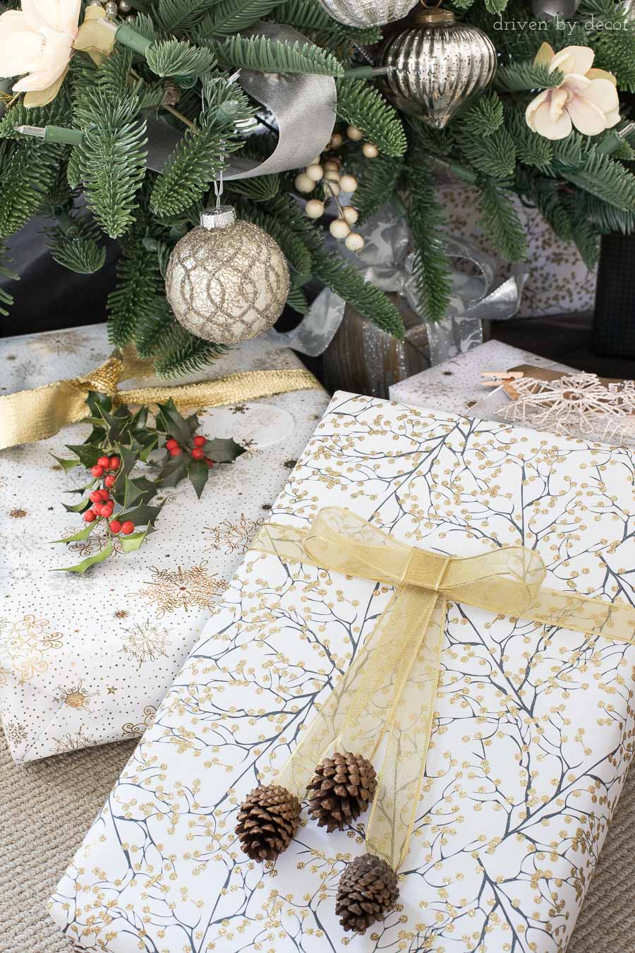 Love the idea of using pinecones or greenery from your yard to dress up Christmas presents! One of lots of great easy Christmas gift wrapping ideas in this post!